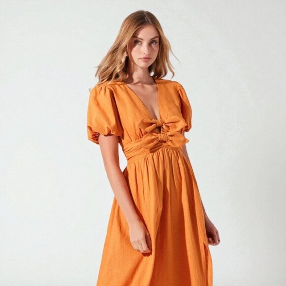 NWT ASTR Citrine Linen Bow Front Midi Dress Turmeric Orange One Size - Picture 7 of 9